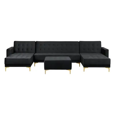 5 Seater U-Shaped Modular Velvet Sofa with Ottoman Black ABERDEEN