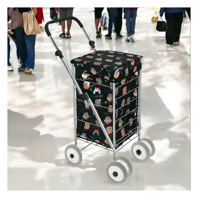 (Black Owl Print) Wheel Foldable Shopping Trolley Cart Grocery Bag