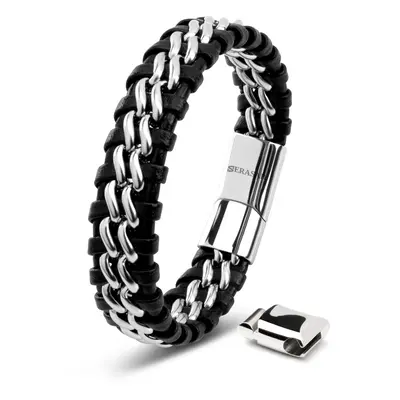 (Silver, 23cm) SERASAR|Leather Bracelet for Men "Steel"