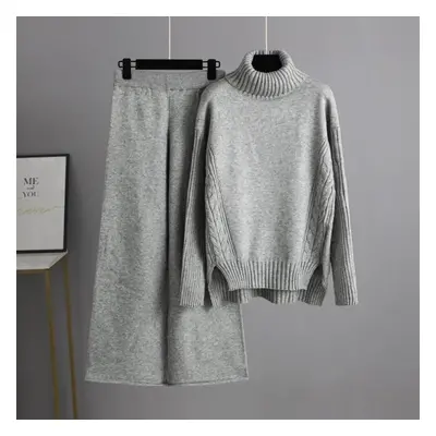 (gray, OneSize) Fall Winter Lazy Wind Loose Turtleneck Sweater Suit Women&apos;s Sollid Color Lo