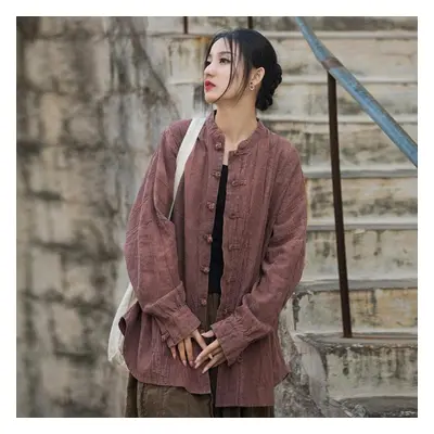 (red, One Size) Johnature Women Vintage Ramie Shirt Jackets Stand Long Sleeve High Quality Coats