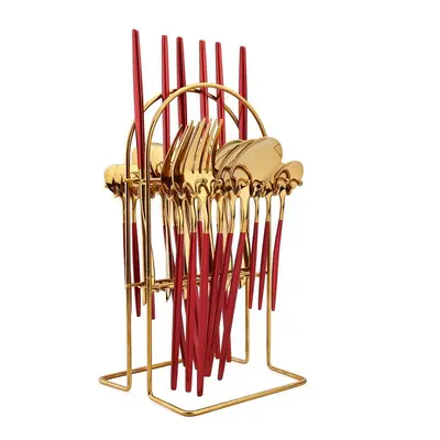 (red,gold) 24pcs Mirror Western Cutlery Set With Luxury Cutlery Storage Rack Include Knife Fork 