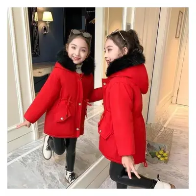 (red, 100) Girls&apos; Winter Parker Clothes Plus Velvet Thickened Fashion Hooded Big Fur Collar