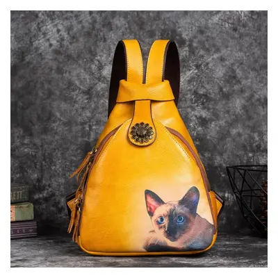 (yellow) Johnature Animal Prints Vintage Genuine Leather Backpack Leisure Women Shoulder Bag Nat