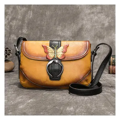 (yellow) Johnature Retro First Layer Cow Leather Women Bag Hand Painted Leisure Shoulder Bags Ha