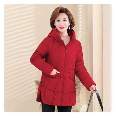 (red, L) Thick Hooded Cotton Coat For Middle-aged And Elderly Mothers Loose And Warm Cotton Jack