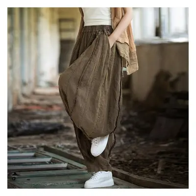 (coffee, One Size) Johnature Women Vintage Ramie Pants Solid Color Loose Ramie Trouser Spring El