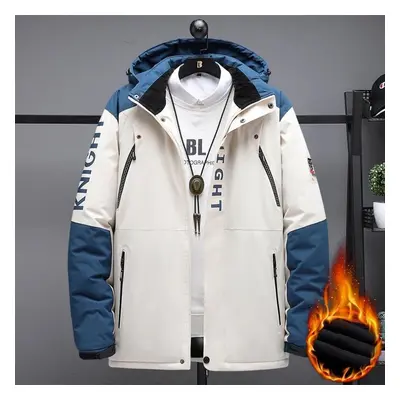 (beige, 9XL) Men Thicken Warm Winter Jacket Outdoor Parkas Hooded Clothes Black Patchwork Plus V