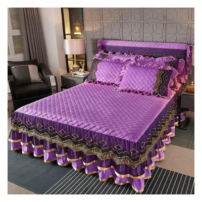 (purple, 220*240cm) Family Bedroom Princess Lace Quilted Bedspread Luxury Bedspread Skirt Lace B