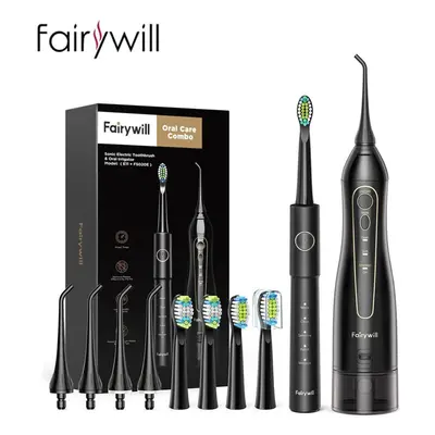 (black) Fairywill Oral Irrigator Portable & Sonic Electric Toothbrush 300ml Usb Charge Rechargea