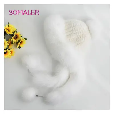 (white) Somaler Knit Real Mink Fur Hats For Winter Women Weave Fur Cap With Fox Fur Pompom Fox F