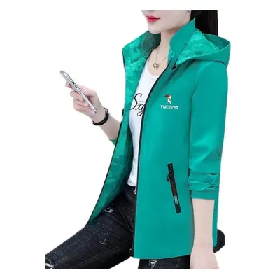 (green, L) Fashion Both Sides Wear Jacket Women&apos;s Spring And Autumn Loose Casual Print Hood