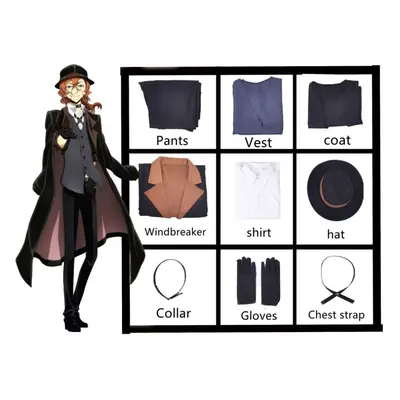 (as the picture, XXXL) 9pcs Full Sets Anime Bungou Stray Dogs Chuya Nakahara Cosplay Costume Wig