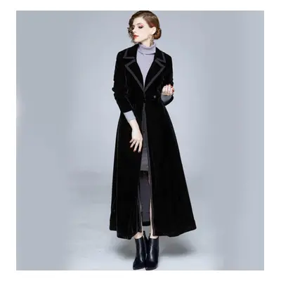 (black, XL) Women&apos;s Coat Winter Women Vintage Notched Collar Wrap Black Velvet Maxi Coat Th