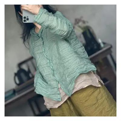 (light green, One Size) Johnature Women Vintage Shirts Tops O-neck Long Sleeve Blouses Summer Bu