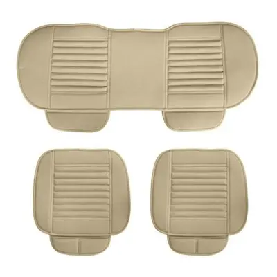 (beige, 2*Front and 1*Rear) Universal Breathable Faux Front Rear Leather Car Cover Seat Pad Mat 