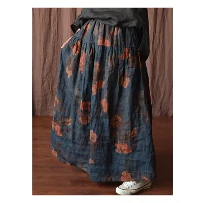 (One Size, black) Johnature Women Print Floral Ramie Skirts Elastic Waist High Quality Clothes S