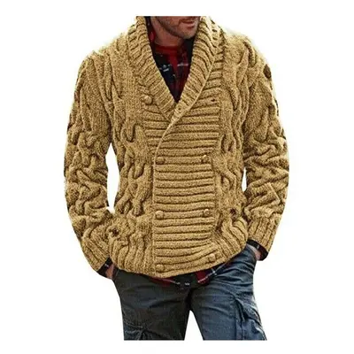 (Khaki, 2XL) Men's Thick Double Breasted Cable Knitted Shawl Collar Knitwear Cardigan Sweater