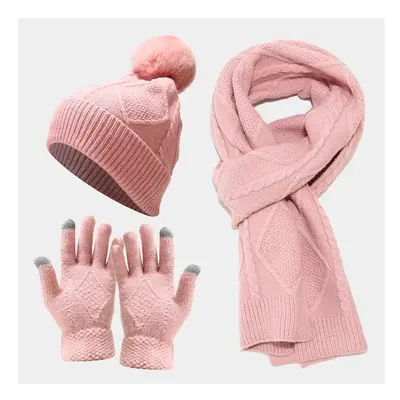 (pink) Women Thick Knit Hat Scarf Gloves Set Winter NEW