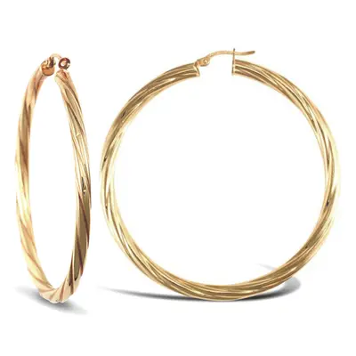 Jewelco London Ladies 9ct Yellow Gold Twisted 4mm Hoop Earrings 57mm - JER206