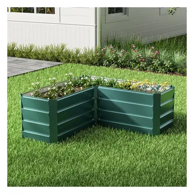 Outdoor Metal L-Shaped Raised Garden Bed, Dark Green