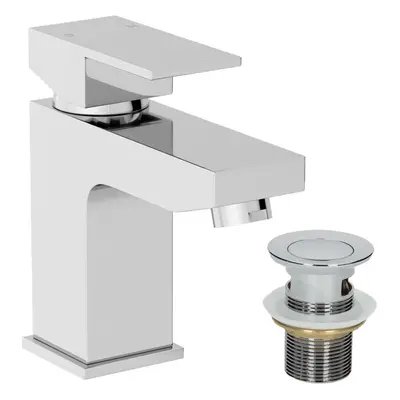 Modern Bathroom Square Mono Basin Sink Mixer Tap Waste Lever Handle Chrome