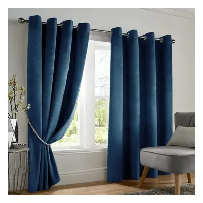 (Blue, 90" x 90" (228cm x 228cm)) Thick Heavy Velvet Curtain PAIR Eyelet Ring Top Fully Lined Re