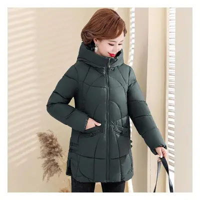 (green, XL) Thick Hooded Cotton Coat For Middle-aged And Elderly Mothers Loose And Warm Cotton J