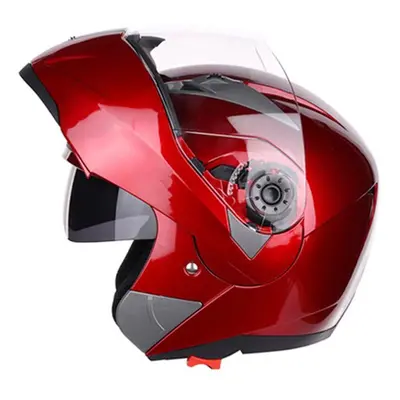 (wine red, L) Full Face Helmets Jiekai Motorcycle Helmets Safe Double Visor Flip Up Helmet Casqu