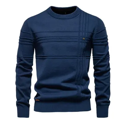 (navy blue, 85-95 kg) Aiopeson Mens Crewneck Pullover Sweater Knitted Cotton Stripped Quality Au