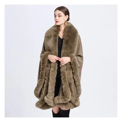 (khaki, One size) Elegant V Lapel Faux Rex Rabbit Fur Coat Cape Winter Women Big Long Shawl Full