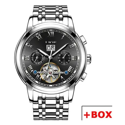 (Silver Black) LIGE New Mechanical Men Watches Top Brand Luxury Business Watch Tourbillon Automa