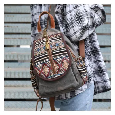 (gray) Johnature Vintage Embroidered Backpack Denim Fashion Women Chest Bag Versatile Canvas Cas