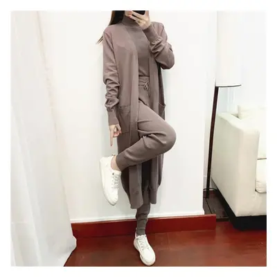 (tan, L) Autumn Fashion Temperament Women&apos;s Clothing Casual Knitted Cardigan Tank Top Trous