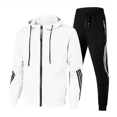 (white, XXXXL) Large Size Men&apos;s Autumn And Winter Fashion Casual Tracksuit Set Jacket Sweat