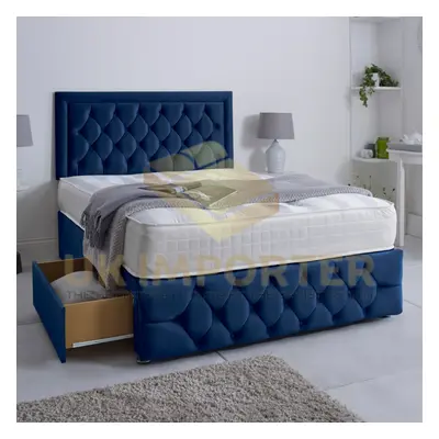 (Blue Plush, Double 4ft6"(with Drawers)) LUXURY DIVAN BED 26"HEADBOARD STORAGE DRAWER With MATTR