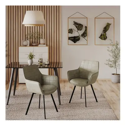 (2, Siena) Tuscany Faux Leather Tub Dining Chairs Grid Stitching with Metal Legs Living Room