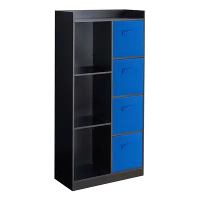 (Black, Dark Blue) Bookcase with Fabric Drawers | Cube Wooden Unit