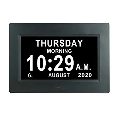 7 INCH Day Date Dementia Clock Auto-Dimming Alarm Reminders Extra Large Non-Abbreviated Day & Mo