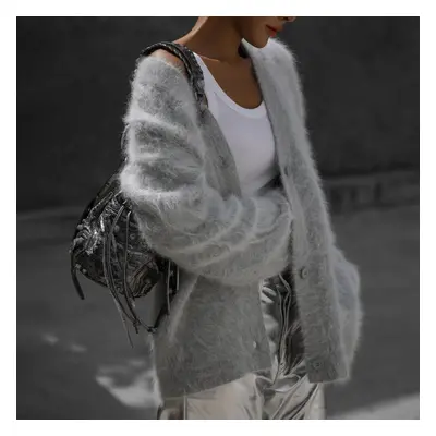 (Light Grey, 16) Womens Fluffy Fur Knitted Cardigan Loose Button Up Jumper Tops Sweater Coat UK