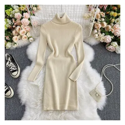 (ivory, One Size) New Autumn Winter Women&apos;s Dress Temperament Solid Color Thicken Knit Dres