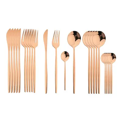 (rose gold, 24pcs) 24pcs Black Handle Golden Cutlery Set Stainless Steel Knife Fork Spoon Tablew