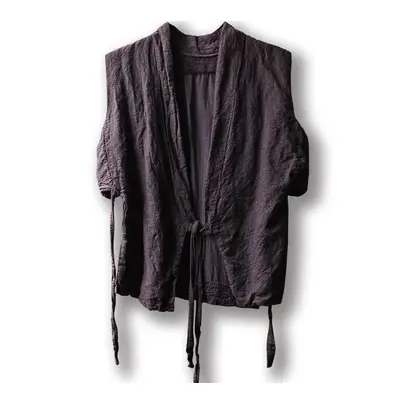 (dark purple, One Size) Johnature Women Vintage Linen Bandage Vests Coats Dark Purple V-neck Chi