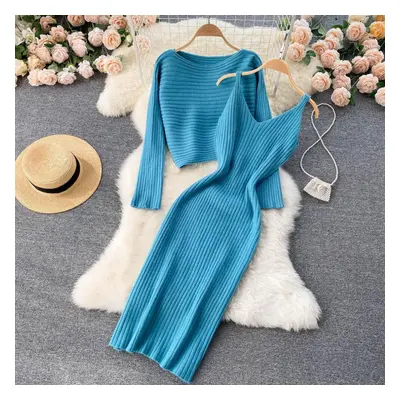 (blue, One Size) Women Autumn Winter Twist Crop Sweater Hip Dress Knit Set For Laides Solid Colo