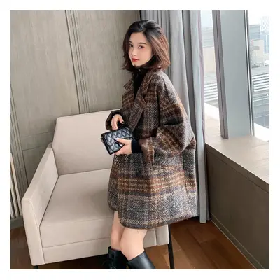 (coffee, M) New Fashion Autumn Winter Women Fashion Plaid Overcoat Female Double Breasted Turn-d