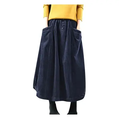 (blue, One Size) Retro Art Mid Length Autumn Women&apos;s Skirt Pocket Panel Corduroy Flower Bud