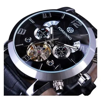 (white) Forsining Men&apos;s Luxury Tourbillon Automatic Mechanical Watch Wave Designdate Displa