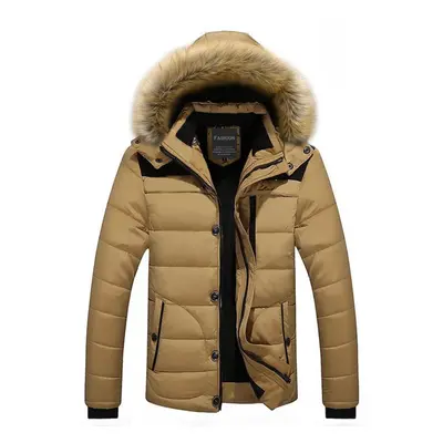 (khaki, XL) Winter Men Warm Cotton Jacket Coats Fur Collar Hooded Parka Down Jackets Outerwear T