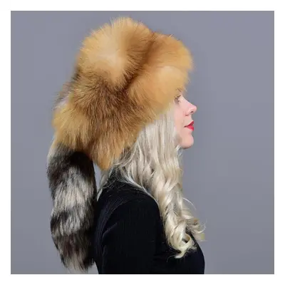 (gold) Fox Fur Hats For Women Winter Fashionable Stylish Thick Warm Beanie Hat Natural Fluffy Fu