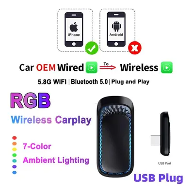 (as the picture, USB) Rgb Colorful Carplay Wireless Adapter Smart Ai Box Car Oem Wired Carplay T